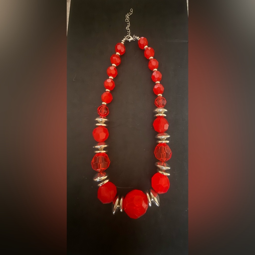 Bold Red Faceted acrylic Bead Necklace with Silver Accents